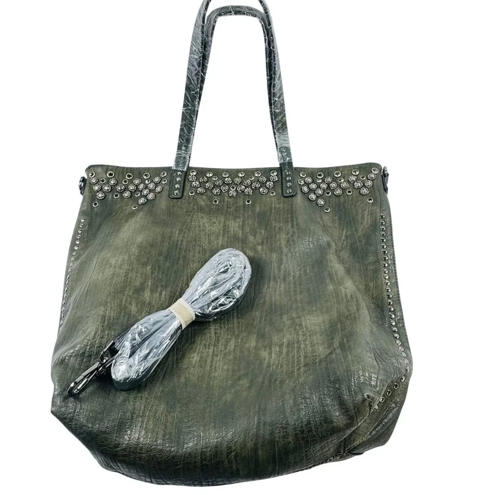 Unique Large Olive Green Distressed Faux Leather Studded Tote Crossbody BOHO